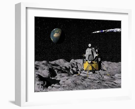 Apollo on Surface of Moon, with Saturn V Rocket in the Background-null-Framed Art Print