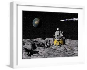 Apollo on Surface of Moon, with Saturn V Rocket in the Background-null-Framed Art Print