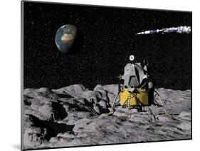 Apollo on Surface of Moon, with Saturn V Rocket in the Background-null-Mounted Art Print