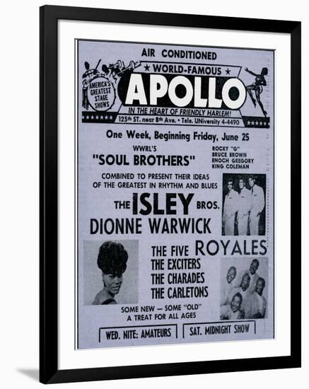 Apollo Theatre Ad: Soul Brothers, Isley Brothers, Dionne Warwick, Five Royales, Charades, Carletons-null-Framed Art Print