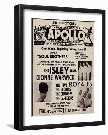 Apollo Theatre Ad: Soul Brothers, Isley Brothers, Dionne Warwick, Five Royales, Charades, Carletons-null-Framed Art Print