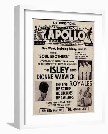 Apollo Theatre Ad: Soul Brothers, Isley Brothers, Dionne Warwick, Five Royales, Charades, Carletons-null-Framed Art Print