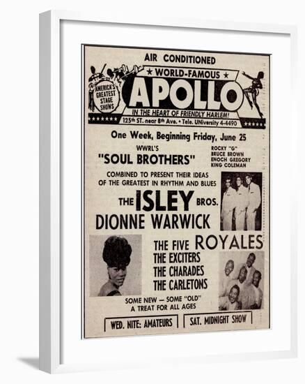 Apollo Theatre Ad: Soul Brothers, Isley Brothers, Dionne Warwick, Five Royales, Charades, Carletons-null-Framed Art Print