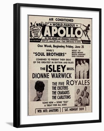 Apollo Theatre Ad: Soul Brothers, Isley Brothers, Dionne Warwick, Five Royales, Charades, Carletons-null-Framed Art Print