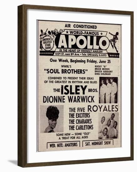 Apollo Theatre Ad: Soul Brothers, Isley Brothers, Dionne Warwick, Five Royales, Charades, Carletons-null-Framed Art Print