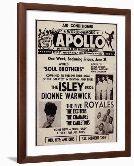 Apollo Theatre Ad: Soul Brothers, Isley Brothers, Dionne Warwick, Five Royales, Charades, Carletons-null-Framed Art Print