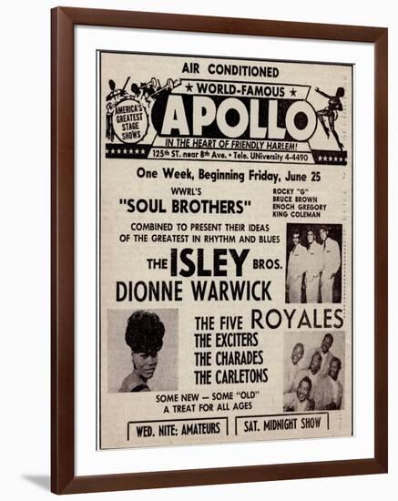 Apollo Theatre Ad: Soul Brothers, Isley Brothers, Dionne Warwick, Five Royales, Charades, Carletons-null-Framed Art Print