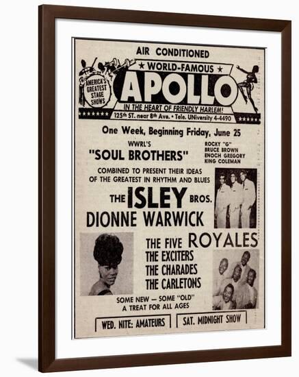 Apollo Theatre Ad: Soul Brothers, Isley Brothers, Dionne Warwick, Five Royales, Charades, Carletons-null-Framed Art Print