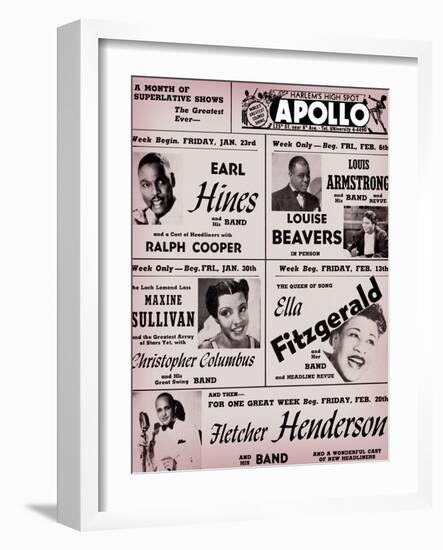 Apollo Theatre: Earl Hines, Louis Armstrong, Ella Fitzgerald, Fletcher Henderson and More-null-Framed Art Print