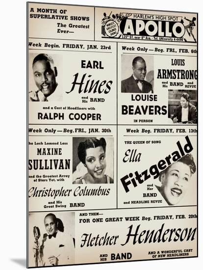 Apollo Theatre: Earl Hines, Louis Armstrong, Ella Fitzgerald, Fletcher Henderson and More-null-Mounted Art Print