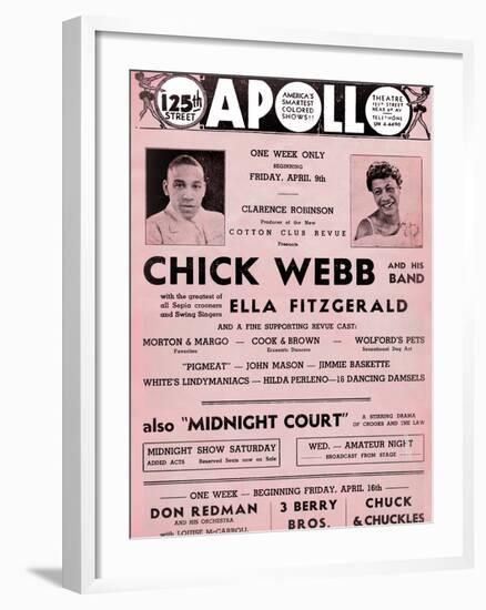 Apollo Theatre  Handbill: Chick Webb, Ella Fitzgerald, Cook and Brown, Wolford's Pets and More-null-Framed Art Print