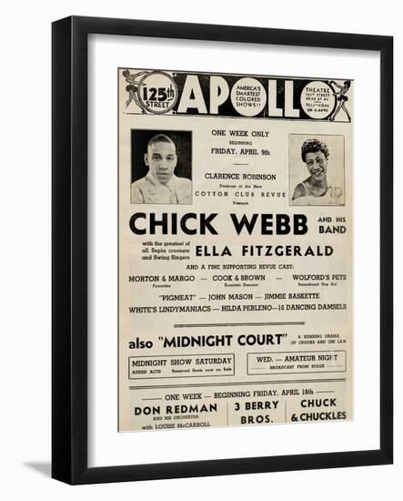 Apollo Theatre  Handbill: Chick Webb, Ella Fitzgerald, Cook and Brown, Wolford's Pets and More-null-Framed Art Print