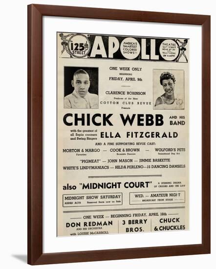 Apollo Theatre  Handbill: Chick Webb, Ella Fitzgerald, Cook and Brown, Wolford's Pets and More-null-Framed Art Print