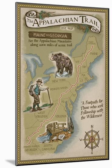Appalachian Trail Map-Lantern Press-Mounted Art Print