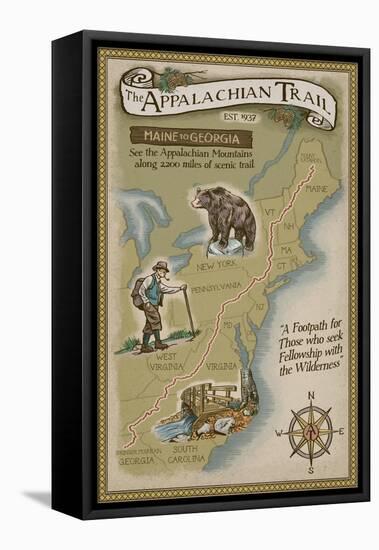 Appalachian Trail Map-Lantern Press-Framed Stretched Canvas