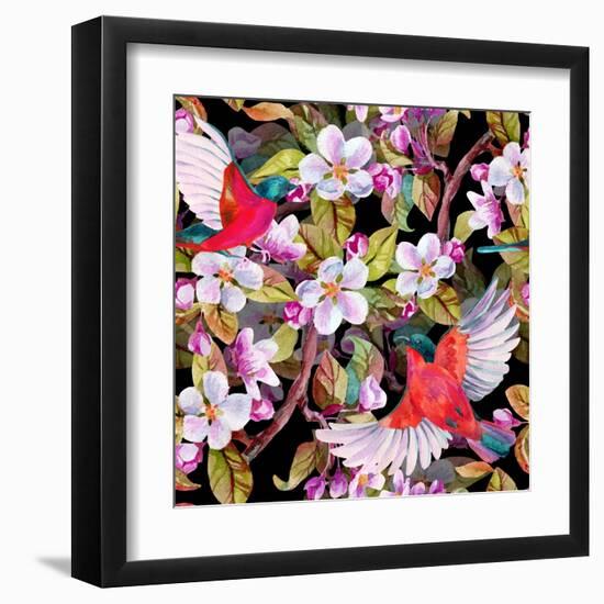 Apple Blossom and Flying Birds-tanycya-Framed Art Print