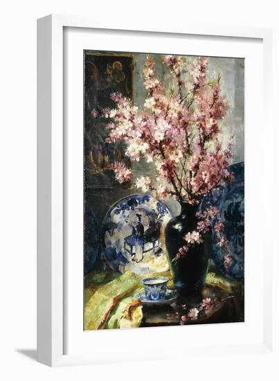 Apple Blossoms and Blue and White Porcelain on a Table-Frans Mortelmans-Framed Giclee Print