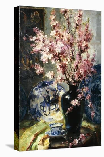 Apple Blossoms and Blue and White Porcelain on a Table-Frans Mortelmans-Stretched Canvas