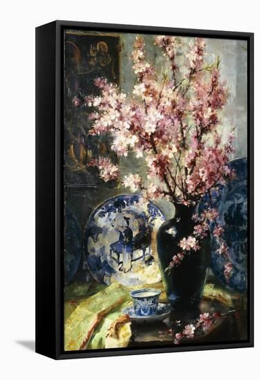 Apple Blossoms and Blue and White Porcelain on a Table-Frans Mortelmans-Framed Stretched Canvas
