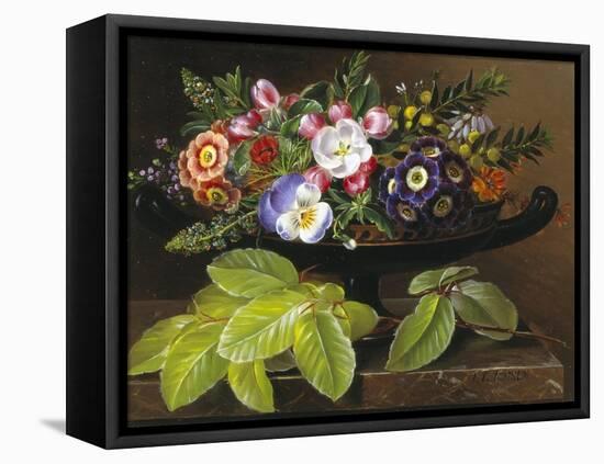 Apple Blossoms, Primula, Heather and Yellow Acacia in Greek Vase-Johan Laurentz Jensen-Framed Stretched Canvas