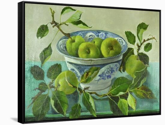 Apples and blue Bowl-Cristiana Angelini-Framed Stretched Canvas