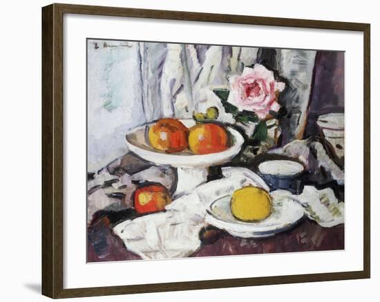 Apples in a White Fruitbowl and a Pink Rose in a Vase-George Leslie Hunter-Framed Giclee Print