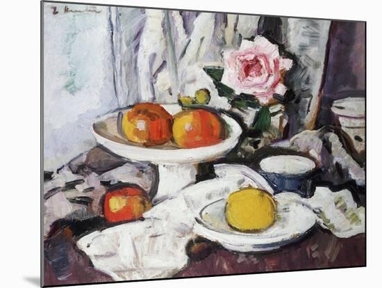 Apples in a White Fruitbowl and a Pink Rose in a Vase-George Leslie Hunter-Mounted Giclee Print