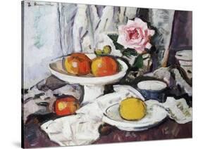 Apples in a White Fruitbowl and a Pink Rose in a Vase-George Leslie Hunter-Stretched Canvas