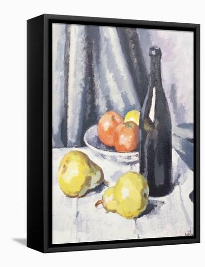 Apples, Pears and a Black Bottle on a Draped Table-Samuel John Peploe-Framed Stretched Canvas