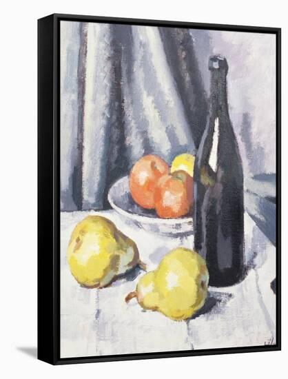 Apples, Pears and a Black Bottle on a Draped Table-Samuel John Peploe-Framed Stretched Canvas