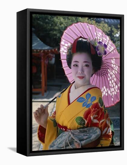 Apprentice Geisha (Maiko), Woman Dressed in Traditional Costume, Kimono, Kyoto, Honshu, Japan-null-Framed Stretched Canvas