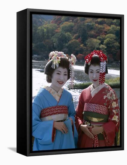 Apprentice Geisha (Maiko), Women Dressed in Traditional Costume, Kimono, Kyoto, Honshu, Japan-null-Framed Stretched Canvas