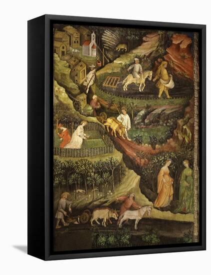 April or Aries with Ploughing with Oxen, Women in Garden and Rabbits in Forest-Venceslao-Framed Stretched Canvas