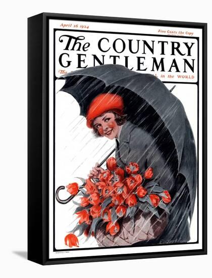 "April Showers and Basket of Flowers," Country Gentleman Cover, April 26, 1924-E. Troth-Framed Stretched Canvas