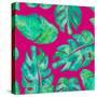 Aqua Leaves On Pink-Kat Papa-Stretched Canvas