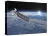 Aqua Satellite Orbiting Earth and Rising Sun-null-Stretched Canvas