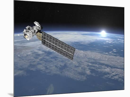 Aqua Satellite Orbiting Earth and Rising Sun-null-Mounted Art Print