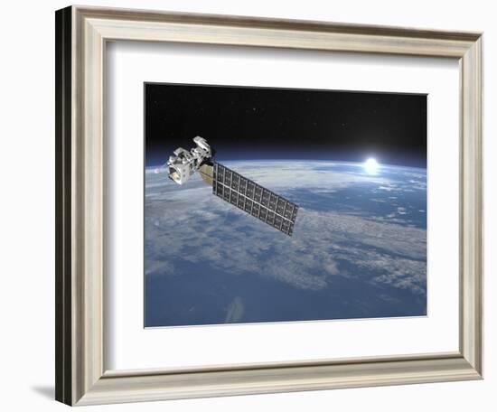 Aqua Satellite Orbiting Earth and Rising Sun-null-Framed Art Print