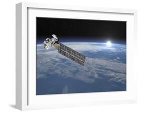 Aqua Satellite Orbiting Earth and Rising Sun-null-Framed Art Print