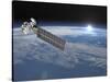 Aqua Satellite Orbiting Earth and Rising Sun-null-Stretched Canvas