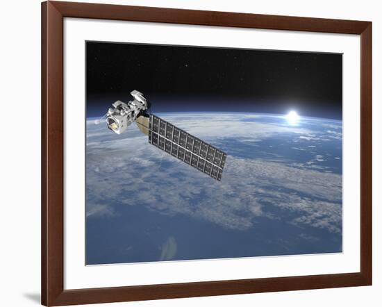 Aqua Satellite Orbiting Earth and Rising Sun-null-Framed Art Print