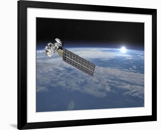 Aqua Satellite Orbiting Earth and Rising Sun-null-Framed Art Print