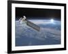 Aqua Satellite Orbiting Earth and Rising Sun-null-Framed Art Print