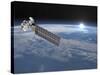 Aqua Satellite Orbiting Earth and Rising Sun-null-Stretched Canvas