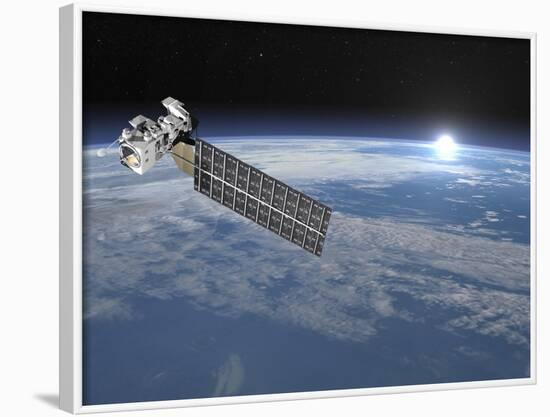 Aqua Satellite Orbiting Earth and Rising Sun-null-Framed Art Print