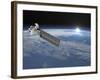 Aqua Satellite Orbiting Earth and Rising Sun-null-Framed Art Print