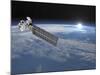 Aqua Satellite Orbiting Earth and Rising Sun-null-Mounted Art Print