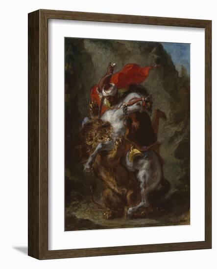 Arab Horseman Attacked by a Lion, 1849-50-Eugene Delacroix-Framed Giclee Print