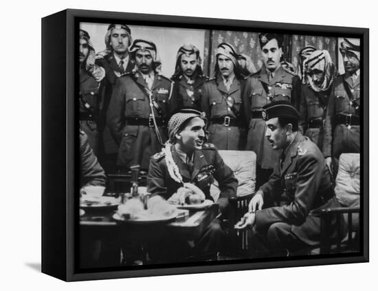 Arab Legion Col. Abu Nawar Talking to King Hussein Ibn Taltal in Front of Group of Legion Officers-null-Framed Stretched Canvas