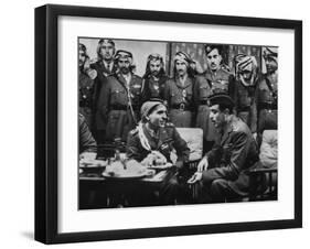 Arab Legion Col. Abu Nawar Talking to King Hussein Ibn Taltal in Front of Group of Legion Officers-null-Framed Photographic Print